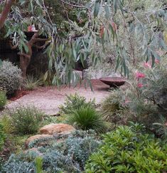 a garden with lots of plants and rocks in it's center, surrounded by trees