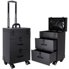 three pieces of luggage are stacked on top of each other and one piece is open