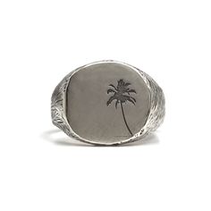 "A classic sterling silver signet palm tree ring in sterling silver. This ring will be beautiful on any finger you choose to wear it. The ring is not hollowed and has a combination of shiny & matte finish. This ring can be customized: It can be hand engraved to up to 3 letters. The engraving can be made with a font of your choosing - you can even write it in your own handwriting - nothing is more personalized than this <3 This minimalist cool and tough look ring is light and comfortable t Classic Summer Jewelry For Gifts, Summer Sterling Silver Ring Jewelry, Etched White Gold Sterling Silver Signet Ring, Oval Sterling Silver Etched Signet Ring, Etched Oval Sterling Silver Signet Ring, Adjustable Silver Etched Signet Ring, Adjustable Etched Silver Signet Ring, Palm Tree Jewelry, Mens Sterling Silver Jewelry