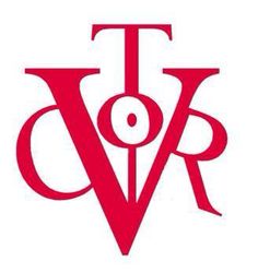 a red and white logo with the letter v on it