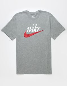 Nike Sportswear Futura Ii Tee. This Classic Cotton Tee With Our Heritage Nike Script Logo Gives You Soft Comfort For Casual, Everyday Wear. A Slight Puff To The Swoosh Print Adds A Dose Of Texture And Nostalgia. Lightweight Cotton Fabric Feels Soft And Comfortable For Casual, Everyday Wear. Relaxed Through The Shoulders, Chest And Body For An Athletic Fit You Can Layer. Ribbed Collar. 100% Cotton. Machine Wash. Imported. Sporty Athletic Heather T-shirt For Sports, Casual Gray T-shirt For Light Sports, Casual Athletic Heather T-shirt For Sports, Gray Casual Tops For Light Sports, Nike Athletic Heather Graphic Print Top, Nike Gray Graphic Print Top, Athleisure Activewear With Logo Print And Short Sleeves, Sporty Heather Grey Moisture-wicking Top, Athleisure Activewear With Logo Print Shorts