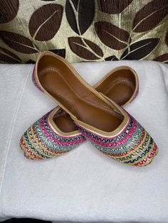 Traditional, handmade Punjabi jutti for women. Length: 10in/25.5cm  Width: 3.25in/8.5cm Estimated size: US Women's 6 UK Women's 4 Multicolor Slip-on Flats For Festival, Multicolor Flat Shoes For Festive Occasions, Festive Multicolor Gota Work Flats, Handwork Flats For Summer, Festive Multicolor Flats With Gota Work, Multicolor Flats For Festivals, Festive Multicolor Slip-on Flats, Multicolor Slip-on Flats With Gota Work, Multicolor Slip-on Flats For Festive Season