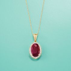 Ross-Simons - 6.30ct Ruby, .14ct t. w. Diamond Pendant Necklace in Gold. 16". Dress to impress. On a grand scale, this pendant necklace boasts a 6.30 carat oval ruby in a .14 ct. t. w. round brilliant-cut diamond halo. Suspends from a 14kt yellow gold rope chain with 2" extender and a lobster clasp. Diamond and ruby pendant necklace. Ruby birthstones are the perfect gift for July birthdays. Formal Ruby Necklace With Halo Setting, Classic Ruby Necklace With Prong Setting, Classic Ruby Necklace With Diamond Cut, Elegant Ruby Necklace With Halo Setting, Classic Gemstone Pendant Diamond Necklace, Formal Oval Pendant Necklace With Diamond Accents, Formal Diamond Necklace With Oval Gemstone Pendant, Ruby Pendant Necklace, Necklace Ruby