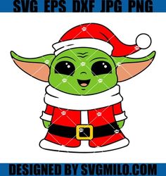 an image of a christmas baby yoda with santa claus hat and scarf on it's head