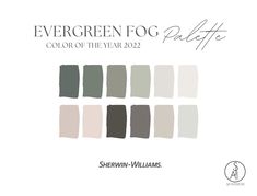 the evergreen fog palette is shown in shades of gray, white and green with text that reads