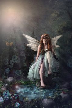 a fairy sitting on top of a rock in the woods