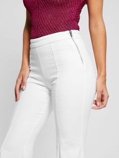 This pair of retro-inspired 1981 jeans features an oversized flare hem with a high-low cut and raw edges. Finished with a flattering flat front and high waist. Side zipper closure. Crop Flare Jeans, Guess Girl, Crop Flare, Jeans Collection, Cropped Flare Jeans, Cropped Flares, Flared Jeans, Retro Inspired, Low Cut