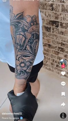 a man with a tattoo on his arm and leg is shown in an instagramtion