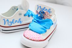 How adorable are these Lilo and Angel inspired converse! The perfect shoe to complete the look!Please leave your name needed in the notebox during checkoutVisit the tutu section or search bar for the matching outfit!These are our Basic Bling Converse, if you want more bling or other details please visit our bling shoe section to purchase a different designIf you are unsure of sizing please scroll to the last photos for our size charts, or visit our size charts here--> https://pinktoesnhairbows.c Customizable Cute Lace-up Sneakers, Customizable Lace-up Cute Sneakers, Cute Customizable Lace-up Sneakers, Stitch Converse Shoes, Stitch Custom Shoes, Lilo And Stitch Air Force 1, Lilo And Stitch Converse, Lilo And Stitch Painted Shoes, Alice In Wonderland Shoes