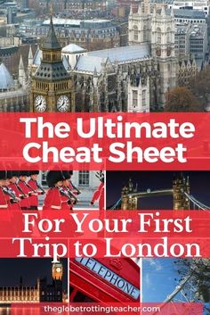 the ultimate cheap sheet for your first trip to london with pictures of big ben and other buildings