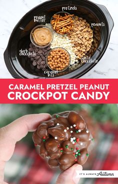 a hand holding a chocolate pretzel with the words crockpot candy on it