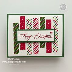 a christmas card with red, green and white stripes