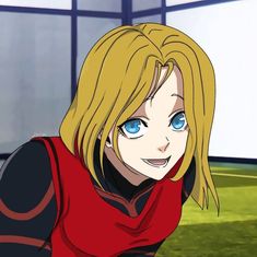 an anime character with blonde hair and blue eyes wearing a red shirt looking at the camera