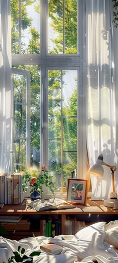 an image of a bedroom scene with sunlight coming through the window and books on the bed