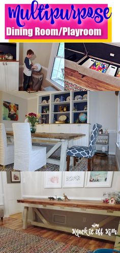 there are pictures of different rooms and furniture in the house with text overlay that reads multipurpose dining room / playroom