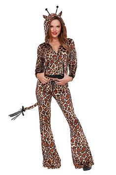 a woman in a leopard print jumpsuit with a hoodie and cat ears on her head