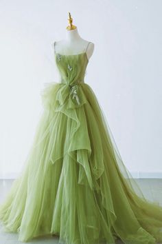 Green Spaghetti Strap Tulle Long Formal Evening Dress Formal Dress Green, Tulle Straps, Green Spaghetti, Green Evening Dress, A Line Prom Dress, Green Tulle, Tulle Evening Dress, Long Formal Dress, Formal Evening Dress