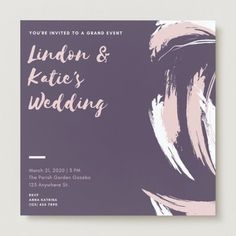 the wedding card is designed to look like an art deco design with pink and purple paint strokes