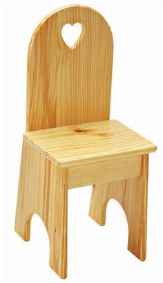 a wooden chair with a heart cut out on the back and seat, against a white background