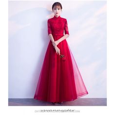 Elegant Floor Length Red Tulle Chinese Cheongsam Dress Improvement Lace Half Sleeve Zipper Back Retro Standing Collar - Cntraditionalchineseclothing.com Formal Dress Lace, Chinese Wedding Dress