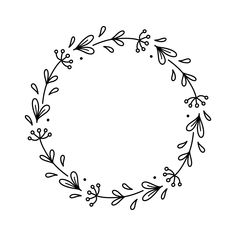 a black and white drawing of a circular frame with leaves on the edges, in an outline style