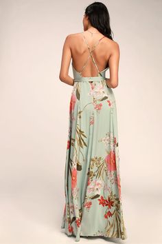 Sage Green Dress - Floral Print Dress - Surplice Maxi Dress Spring Wedding Guest Dress With Tie Back, Green Floral Print Prom Dress, Satin Maxi Dress For Garden Party, Printed Maxi Dress For Spring Wedding, Spring Wedding Printed Maxi Dress, Satin Floral Print Maxi Dress For Date Night, Floral Satin Maxi Dress For Date Night, Satin V-neck Dress For Garden Party, Dressy Maxi Dress For Spring Prom