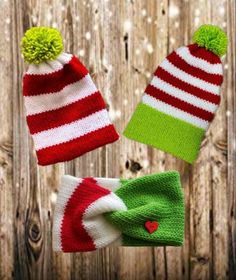 three knitted hats with green and red stripes