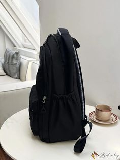 BirdinBag - Timeless & Versatile Students Backpack with Letter Patch Decor Black Satchel Shoulder Bag For Study, Casual Black Backpack For Study, Casual Black Backpack, Black Rectangular Study Backpack, Large Capacity Backpack For Study, Black Backpack With Zipper Closure For Study, Black Backpack With Adjustable Strap For Study, Large Capacity Study Backpack, Functional Black Backpack For Study