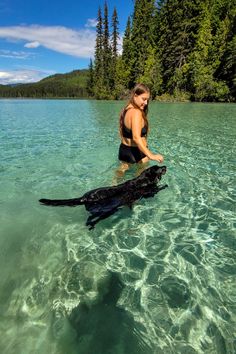 a woman is in the water with a dog