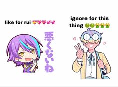 an anime character with purple hair and glasses giving the thumbs up sign next to another cartoon character