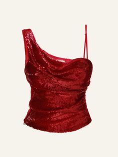 Meet the Moon top in Red – a stunning one-shoulder piece adorned with glimmering sequins on vibrant red sheer net fabric. Chic ruching, a flirtatious allure, and a concealed side zip create a captivating ensemble for dancing. Experience semi-transparency and customize your look with the detachable spaghetti strap. Off Shoulder Sequin Dress, Red Sheer Top Outfit, Silver And Red Outfit, Red Party Tops, Red Party Top, Going Out Sets, Red Top Outfit Party, Red Club Outfit, Red Party Outfit