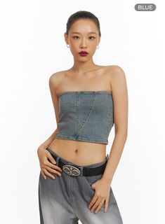 Product Detail Style : Street Occasion : Festival Detail : Zip up Print : Washed Material : Cotton, Denim, Spandex Sleeve : Tube top Neck : Off shoulder Length : Crop Fit : Slim fit Cotton98 Spandex2 Color : Black, Blue Made in Korea Model Size Model is wearing size S and the color Black. Height : 5'6" | 167cm / Top : S / Bottom : S (26 inch) .prddescription table, .prddescription td, .prddescription th { border : 1px solid black; border-collapse : collapse; padding: 10px; } Size(Inch) Size Bust Denim Tube Top, Festival Trends, Festival Style, Beige Top, Prom Outfits, Washed Denim, Fashion Korean, Korean Street Fashion, Off Shoulder Tops