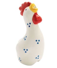 a white and blue rubber duck with a red head