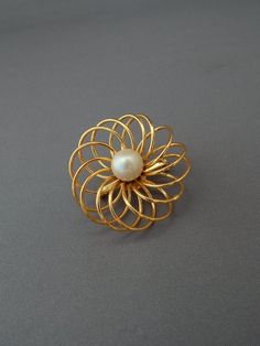 Vintage Spiral Flower Pin Gold Tone Faux Pearl, Gold Flower Pin, Whimsical Flower Brooch, Mid Centur Gold Flower Lapel Pin For Formal Occasions, Gold Flower Brooch Lapel Pin, Gold Flower Brooch For Formal Occasions, Elegant Gold Flower Lapel Pin, Formal Flower Brooch For Spring, Elegant Gold Brooches For Spring, Formal Spring Flower Brooch, Formal Spring Flower Brooches, Spring Gold Brooch Jewelry