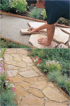 a man laying on top of a stone walkway next to a flower bed with flowers growing in it