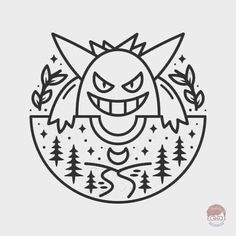 an angry face with trees and stars on it, in the shape of a circle