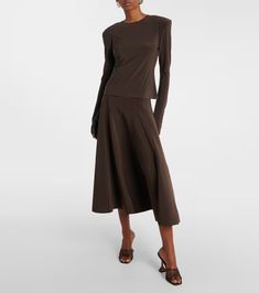 Jersey top in brown - Norma Kamali | Mytheresa Classic Fitted Elastane Tops, Modern Stretch Tops, Modern Fitted Elastane Tops, Elegant Stretch Brown Top, Elegant Brown Stretch Top, Elegant Solid Color Elastane Top, Elegant Spring Polyamide Tops, Black Fringe Top, Black Turtleneck Dress