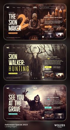 Website Design, tres series de terror, personajes terroríficos principales, títulos de series. Horror Website Design, Horror Design Ideas, Halloween Website Design, Web Design Ads, Movie Website Design, Halloween Web Design, Fantasy Website, Ads Graphic Design, Ui Ux Design Website