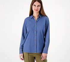 Update your everyday options with this  classic button-front shirt. From Denim & Co.® Fashions. Spring Business Casual Shirt With Button Closure, Solid Everyday Shirt With Button Closure, Everyday Solid Shirt With Button Closure, Button-up Shirt For Casual Gatherings, Casual Button-up Shirt With Button Closure, Spring Shirt With Button Cuffs For Casual Gatherings, Everyday Shirt With Snap Buttons For Spring, Spring Everyday Shirt With Snap Buttons, Button-up Top For Casual Gatherings