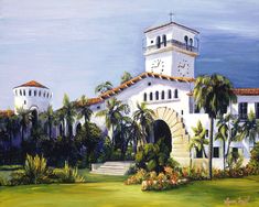 a painting of a white building with a clock on the tower and palm trees around it