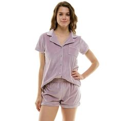 Cozy up in this plush two-piece loungewear set. The notched collar top adds a touch of sophistication while the short sleeve and button-down front offer comfort and style. Contrast piping and a handy chest pocket elevate the look. Pair with the matching shorts featuring a soft waistband and contrast trim for a complete relaxation ensemble. Perfect for lazy mornings, quiet evenings, or whenever you crave ultimate comfort. Size: XL.  Color: Purple.  Gender: female.  Age Group: adult. Two Piece Loungewear, Velour Shorts, Womens Tops Dressy, Christmas Pajama Set, Strappy Tank Tops, Tie Front Blouse, Womens Tops Summer, Contrast Piping, Casual Summer Shirts