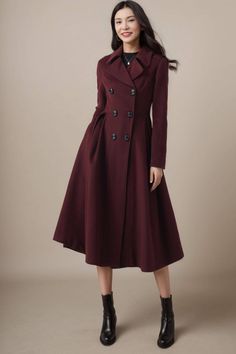 ★★ Welcome to my Ylistyle's shop！！！ This women burgundy long wool coat, made of high-quality fabric, giving you a good touch and very comfortable to wear. The fit and flare wool coat, can be customized to your size.  It looks simple and elegant. ★★FEATURES 50% wool, 50% fiber nylon polyester Polyester lining Two side pockets Buttons closure Long wool coat Fit and flare coat Vintage inspired wool coat Princess coat Autumn winter wool coat Dry clean ★★More color    https://www.etsy.com/listing/1108845085 ★★ The model's height approx 170 cm (5′ 7″) with the 84 cm (33") bust, 66 cm (26") waist. She is wearing the wool coat in size XS (US2) ★★ Please select custom order according to the follow situation Can't find your size Your height is over 175cm Your weight is over 75kg Request Length custo Fall Burgundy Single Breasted Outerwear, Burgundy Winter Outerwear With Buttons, Burgundy Long Coat For Winter, Burgundy Single-breasted Winter Outerwear, Burgundy Winter Formal Outerwear, Elegant Burgundy Wool Outerwear, Elegant Burgundy Long Coat, Burgundy Wool Winter Outerwear, Burgundy Long Coat For Fall