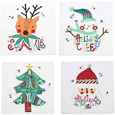 four coasters with christmas designs on them, each decorated in different styles and colors