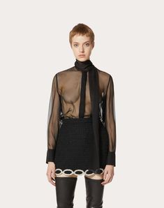 Chiffon Blouse for Woman in Black | Valentino US Designer Blouse With Sheer Sleeves For Formal Occasions, Silk Chiffon Long Sleeve Tops For Evening, Designer Sheer Sleeves Blouse For Party, Designer Party Blouse With Sheer Sleeves, Designer Blouse With Sheer Sleeves For Party, Chic Silk Chiffon Evening Tops, Chic Silk Chiffon Blouse For Parties, Elegant Silk Chiffon Blouse For Work, Sheer Silk Chiffon Top For Evening