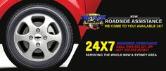 an advertisement for a car that is red and black with the words, road side assistance we come to you available 24x7