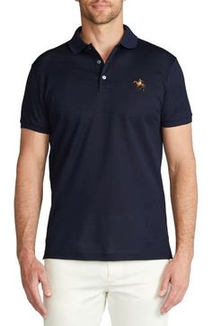 Rider embroidery subtly brands a short-sleeve polo cut from soft, breathable cotton piqué for all-day comfort in classic style. 28" length ( size Medium) Button half-placket Spread collar Short sleeves 100% cotton Machine wash, dry flat Made in Italy Designer Clothing Navy Polo Shirt With Embroidered Logo, Casual Navy Polo Shirt With Embroidered Logo, Collared Polo Shirt With Embroidered Logo For Work, Casual Polo Shirt With Embroidered Logo For Work, Collared Polo Shirt With Embroidered Logo, Casual Workwear Polo Shirt With Embroidered Logo, Classic Blue Polo Shirt With Embroidered Logo, Classic Polo Shirt With Embroidered Logo For Work, Fitted Polo Shirt With Embroidered Logo