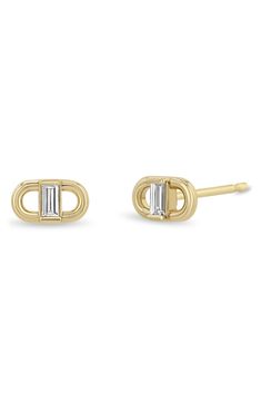 Baguette-cut diamonds intersect these modern link earrings crafted from 14-karat gold. 1/4"W x 1/8"L Post back Total diamond weight: 0.12ct. Color: F–G Clarity: VS–SI 14k gold/diamond Made in the USA >Diamond Guide Diamond Earring Studs, Modern Yellow Gold Diamond Earrings With Baguette Diamonds, Modern Gold Diamond Earrings With Baguette Diamonds, Modern Gold Baguette Diamond Earrings, Modern Gold Earrings With Baguette Diamonds, Modern 14k Gold Earrings With Baguette Diamonds, Modern Baguette-shaped Gold Earrings, Modern Gold Baguette Earrings, Modern Baguette Gold Earrings