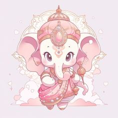 an elephant with a crown on it's head standing in front of clouds and stars