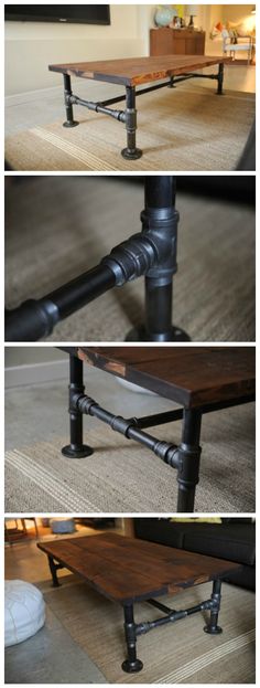 three different views of a coffee table with pipe legs and wood planks on top