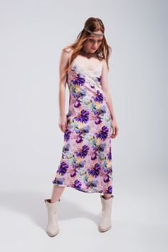 Midi length. Dress. V-neck neckline. Adjustable straps. All-over floral print. Bodycon fit. Romantic. Sheer lace inserts. Glossy satin-style fabric . Lace trims. Thigh split. runs true to size. S. 100% Viscose Midi Slip Dress, Usa Dresses, Lace Trims, Medium Purple, Satin Midi Dress, Lace Insert, Floral Style, Sheer Lace, Purple Dress